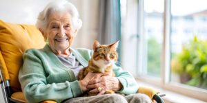 Caregiver helps an older resident walk safely through a bright assisted living hallway.