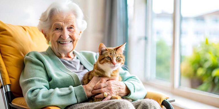 Caregiver helps an older resident walk safely through a bright assisted living hallway.